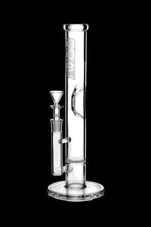 Clear glass bong with intricate percolators and a removable downstem.