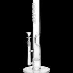 Clear glass bong with ice catcher and branded text.