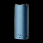 Blue DaVinci IQ2 vaporizer against a black background.