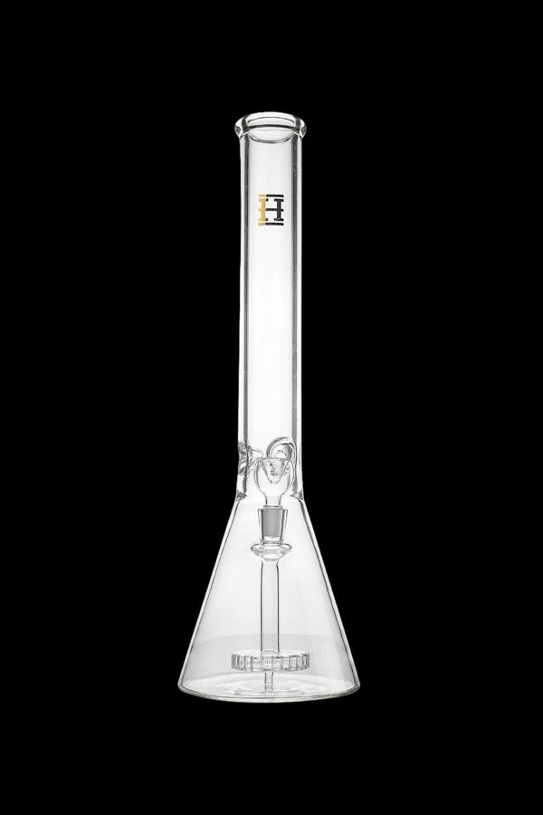 Clear glass bong with ice catch and angled mouthpiece.