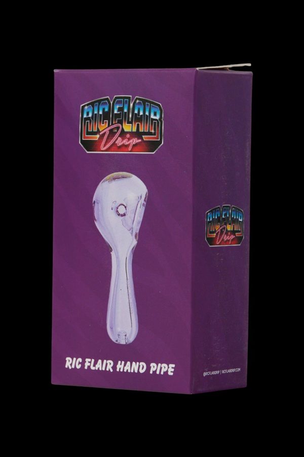 Pink glass hand pipe with “Ric Flair Drip” branding in a white box.