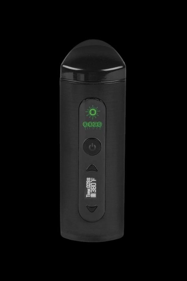 Black Ooze vaporizer pen with digital display showing time and temperature.