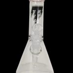 Clear glass beaker bong with black lightning bolt design.