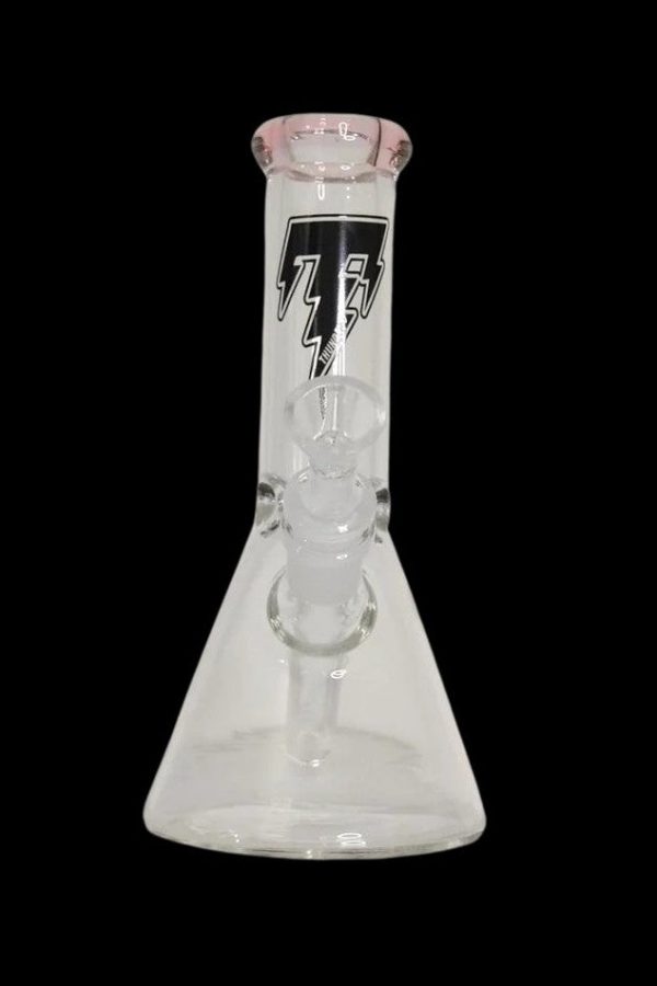 Clear glass beaker bong with black lightning bolt design.