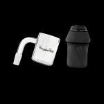 Puffco Peak atomizer and glass water pipe with "Honeybee Herbals" branding, isolated on a black background.