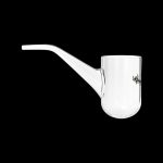 Clear glass oil rig with a rounded base and long mouthpiece, featuring a small branded logo.