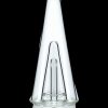 Clear glass cone-shaped rig with dual percolators for smoking cannabis.