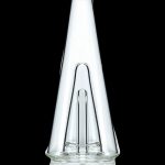 Clear glass cone-shaped rig with dual percolators for smoking cannabis.