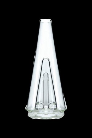 Clear glass cone-shaped rig with dual percolators for smoking cannabis.