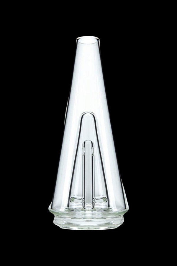 Clear glass cone-shaped rig with dual percolators for smoking cannabis.