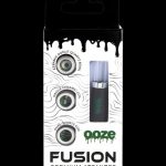 Ooze Fusion premium cannabis atomizer packaging showcasing features like ceramic & quartz coil options and adjustable airflow.