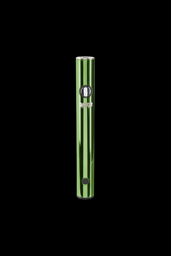 Green and silver cannabis vape pen against a black background.