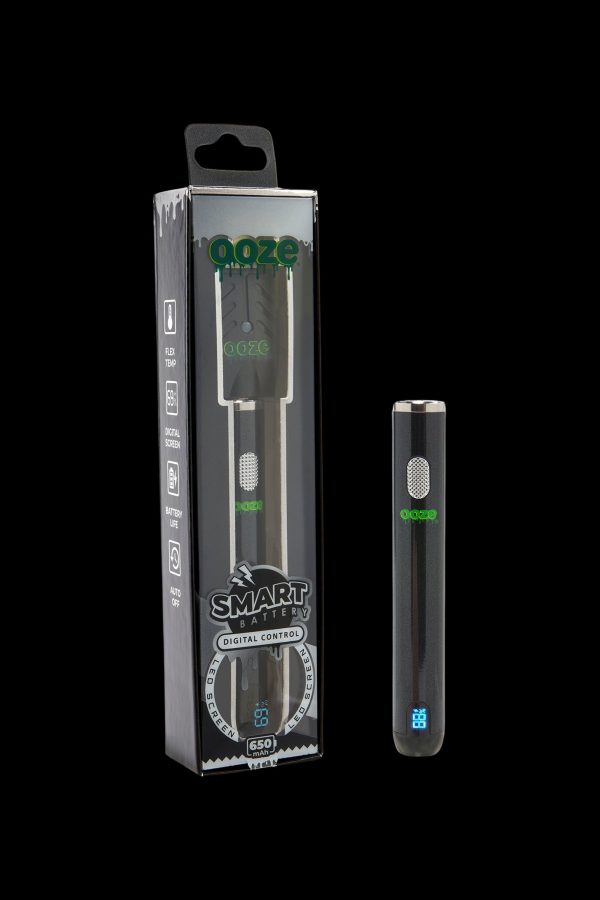 Ooze Smart Battery for cannabis vape cartridges, displayed in packaging and standalone, featuring digital temperature and battery life display.