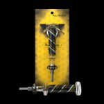 A packaged cannabis oil burner with a patterned yellow and black background.