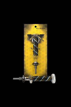 A packaged cannabis oil burner with a patterned yellow and black background.