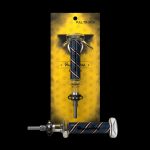 Dab tool with a blue glass tip and ornate metal design, packaged in a patterned gold sleeve.