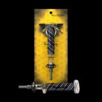 A glass cannabis oil burner pipe in a patterned, resealable bag.