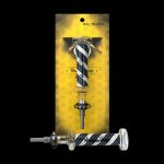 A glass cannabis dab straw with a black and white swirl design, packaged in a gold patterned box.