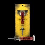 A packaged cannabis dab straw with a red and white patterned body, displayed against a gold patterned background.