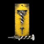 A cannabis dab rig with a black and white swirled glass body, displayed in a gold patterned package.