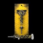 Gold cannabis dab tool with a coiled snake design, displayed in a patterned package.