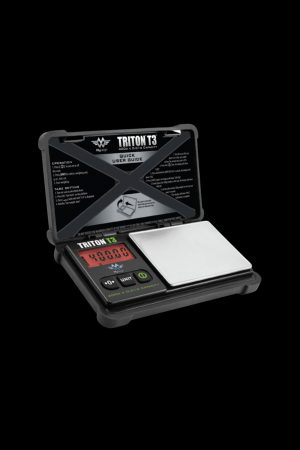 Digital scale with an open cannabis container, displaying a weight reading.