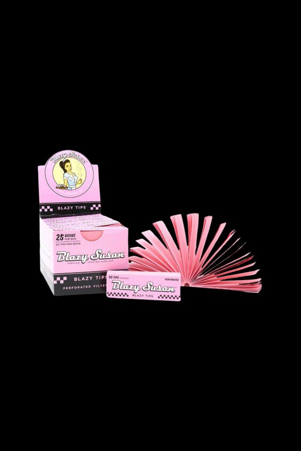 Pink “Blazy Susan” perforated rolling machine filter tips displayed with packaging.