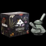 A product shot of a GRAV® x LRG® "Hustle Bubble" glass water pipe displayed in its decorated box.