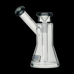 Clear glass water pipe (rig) with a flared base and angled mouthpiece.