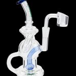 Clear glass dab rig with blue accents, featuring a bubbler base and quartz banger.