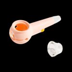 Peach-colored silicone pipe with a removable glass bowl.