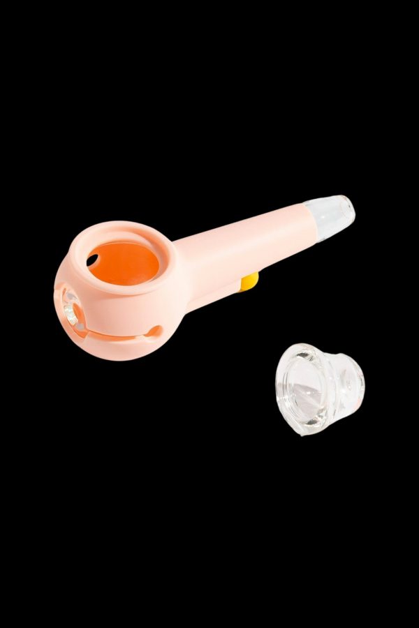 Peach-colored silicone pipe with a removable glass bowl.