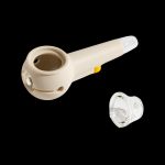 Beige silicone pipe with a glass bowl insert, isolated on a black background.