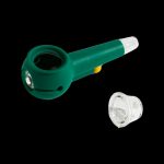 Emerald green silicone pipe with a glass bowl, isolated on a black background.