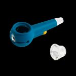 Blue silicone cannabis pipe with a glass bowl and mouthpiece.