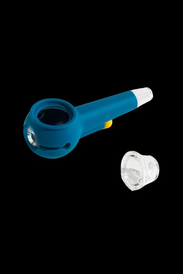 Blue silicone cannabis pipe with a glass bowl and mouthpiece.