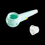 Mint green silicone pipe and glass bowl for cannabis use.