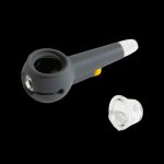 Black silicone nectar collector with a detachable glass tip and a separate clear quartz tip.