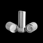 Silver cannabis oil vape pen disassembled into three parts on a black background.