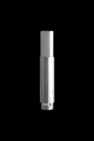 Silver cannabis oil vaporizer cartridge on a black background.
