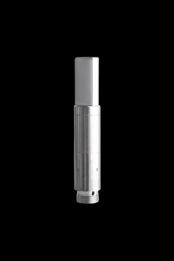 Silver cannabis oil vaporizer cartridge on a black background.
