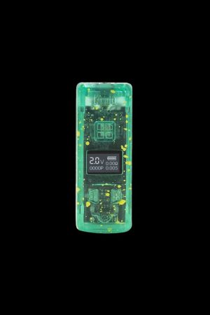 Green cannabis vape pen with digital display.