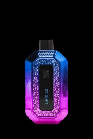 Purple and blue cannabis vape pen with digital display.