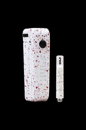 White cannabis vape pen and cartridge with red splatter pattern.