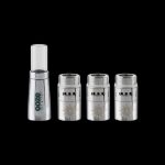 Silver cannabis oil cartridges and a clear glass tip, isolated on a black background.