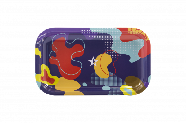 Front view of the Famous Brandz "Papaya" Rolling Tray, displaying a colorful, abstract design on a flat, rectangular surface.