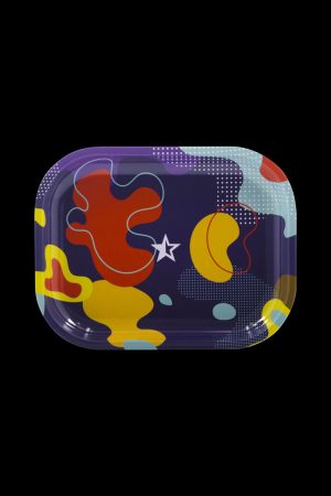 Front view of the "Famous Brandz Papaya" rolling tray with a vibrant, colorful design on a dark background.