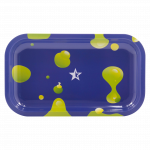 A top-down view of the Famous Brandz "Privilege" Rolling Tray with a blue background and scattered, colorful droplets.