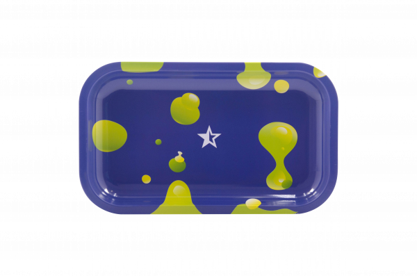 A top-down view of the Famous Brandz "Privilege" Rolling Tray with a blue background and scattered, colorful droplets.