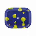 Overhead view of the Famous Brandz "Privilege" Rolling Tray, displaying a vibrant design of scattered, colorful dots against a deep blue background.